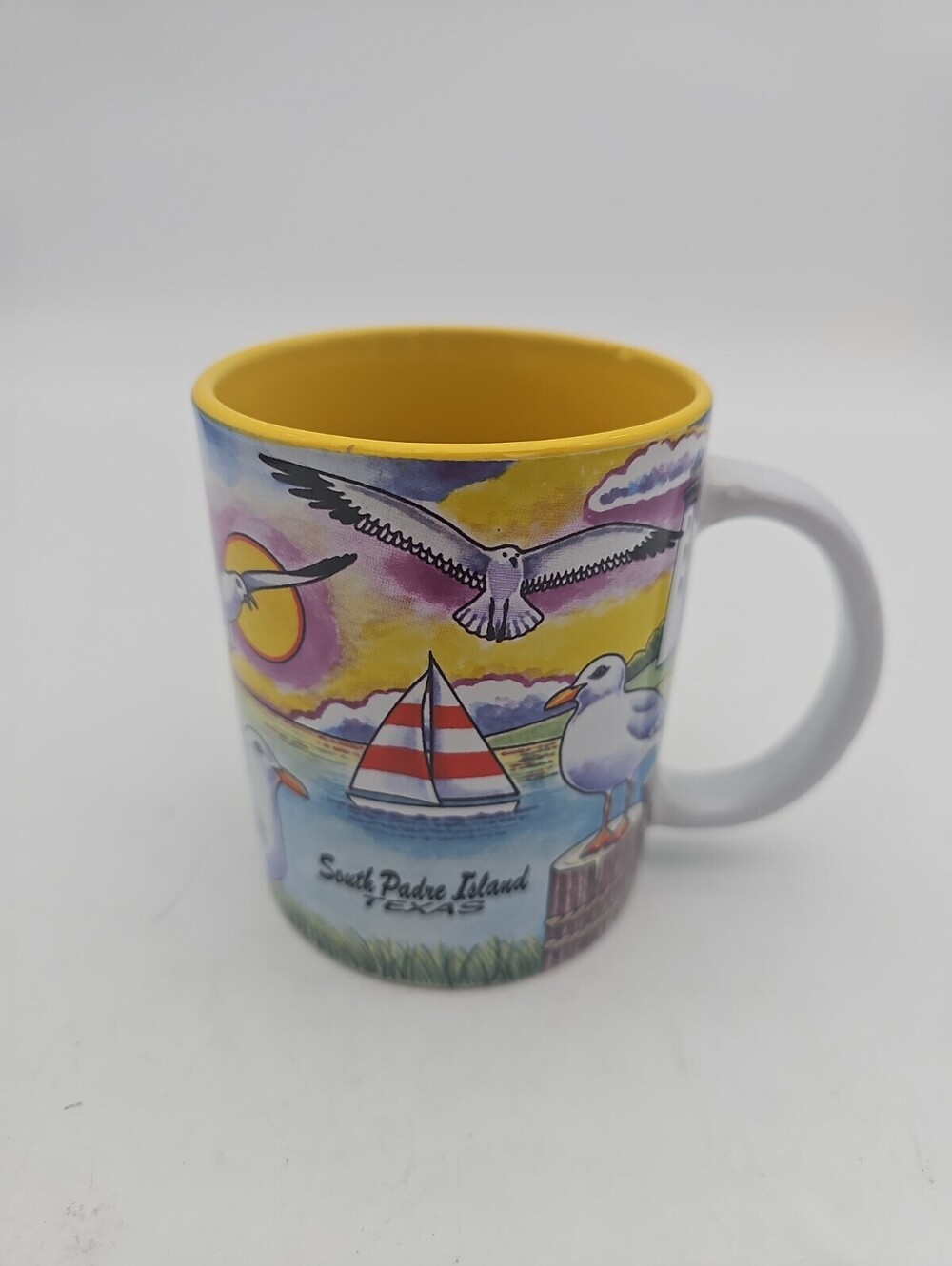 Vintage South Padre Island Texas Souvenir Coffee Mug Yellow Coastal Beach Seagul